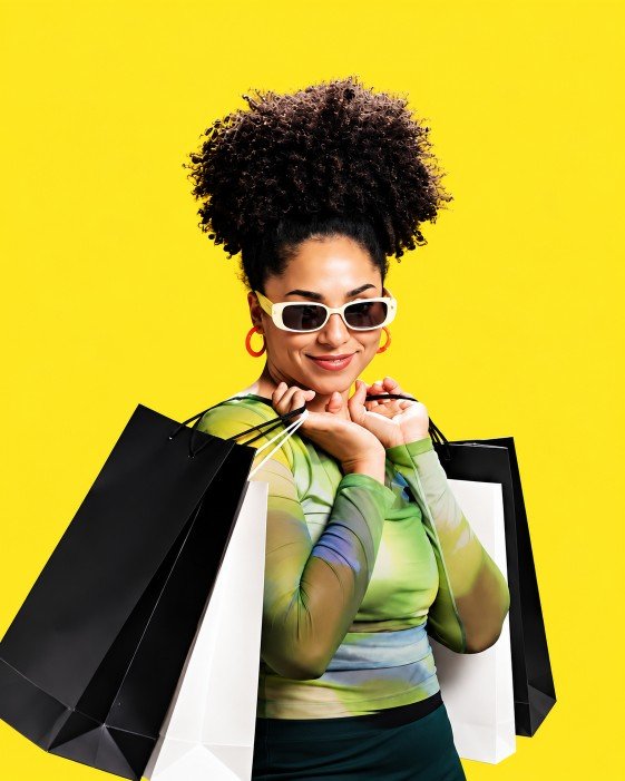 Cliente souriante tenant un sac cadeau à pois sur fond jaune